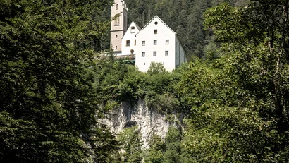 White castle on a forested cliff with mountain in the background